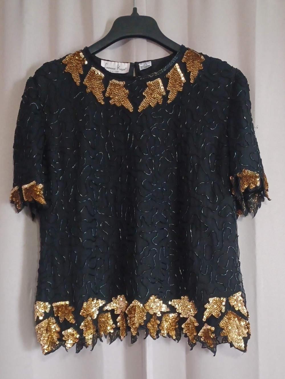 Laurence Kazar Vintage Silk Beaded Blouse Gold Sequins Leaf Evening Old Money XL